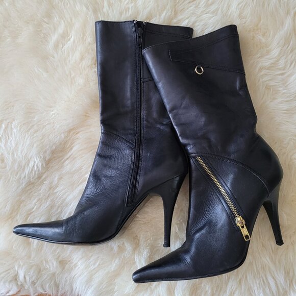 Charles David Mid Calf Leather Boots SZ 7.5 Black - Picture 1 of 15